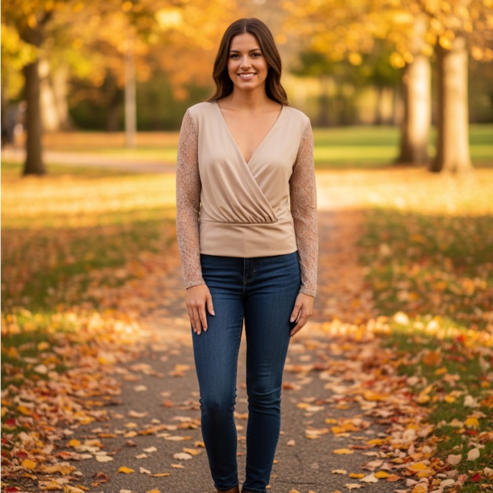 Elegant Beige Lace Sleeve Blouse